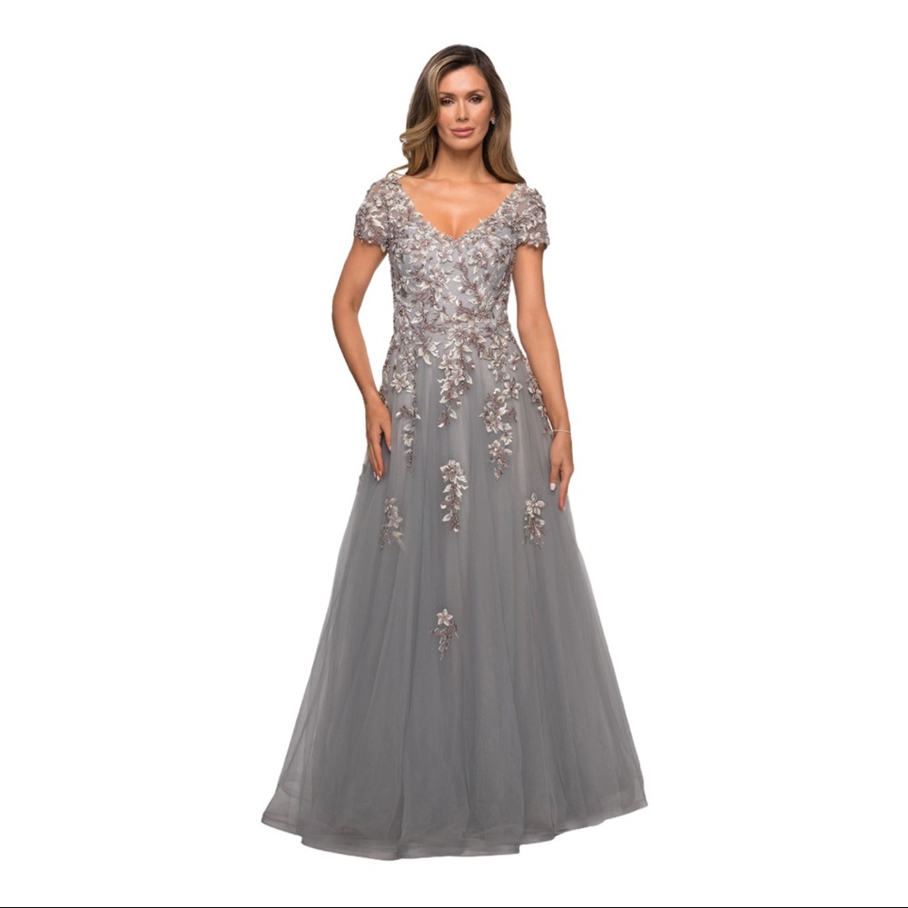 La Femme Beaded Lace Appliqué Tulle A-Line Gown 8